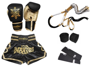 Boxing Gloves with Matching Muay Thai Shorts and Gear : Set 121 Black Boxing Gloves with Matching Muay Thai Shorts and Gear : Set 121 Black
