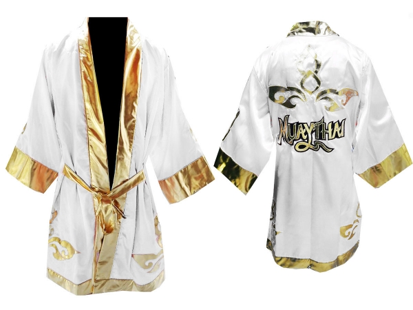 Kanong Custom Boxing Fight Robe : White Lai Thai Kanong Custom Boxing Fight Robe : White Lai Thai
