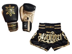 Matching Muay Thai gloves and Muay Thai shorts : Set-121-Black Matching Muay Thai gloves and Muay Thai shorts : Set-121-Black