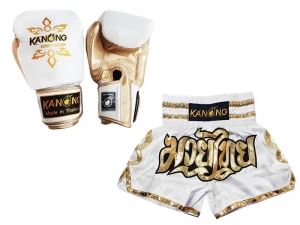Matching Muay Thai gloves and Muay Thai shorts : Set-121-White Matching Muay Thai gloves and Muay Thai shorts : Set-121-White